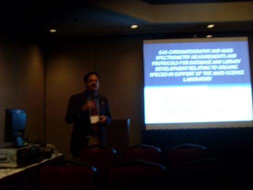 Dr. Misra presenting “Gas Chromatography and Mass Spectroscopy Measurements and Protocols for Database and Library Development Relating to Organic Species in Support of the Mars Science Laboratory” during AbSciCon 2010